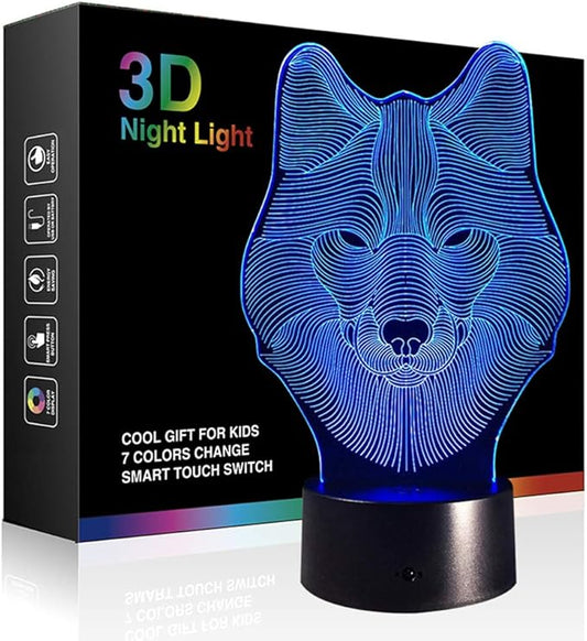 Ticent Animals Wolf 3D Night Light Touch Control Desk Lamps, 7 Color Changing Table Lights with Acrylic Flat, ABS Base & USB Charger