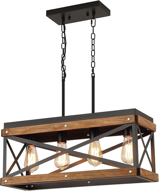 Rustic Farmhouse Wood Kitchen Island Lighting, 4 Lights Rectangular Pendant Light Fixture, Adjustable Chain Oak Wood and Metal Linear Chandelier for Dining Room Kitchen Island Farmhouse, Black