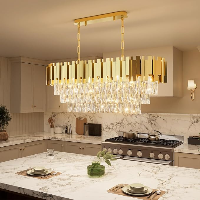 32" Modern Rectangle Crystal Chandelier for Dining Room, 8-Light Gold Crystal Raindrop Chandeliers, Adjustable Height Chandelier for Staircase, Living Room, Foyer