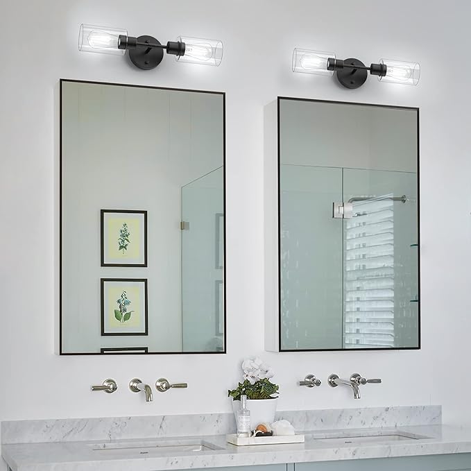 Bathroom Light Fixtures 2 Light Black, Bathroom Vanity Lights Over Mirror, Bathroom Sconces Wall Lighting，Farmhouse Matte Black Bathroom Vanity Light, Modern Vanity Lights with Clear Shades