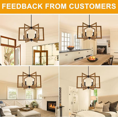 21.6" Farmhouse Chandelier, 6-Light Modern Geometric Dining Room Chandelier, Rustic Foyer Lighting Fixtures, Wood Grain Pendant Lights for Living Room, Dining Room, Bedroom, Kitchen Island, Entryway