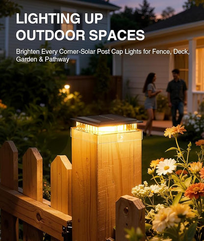 4x4 Solar Post Cap Lights Outdoor, 6 Pack Fence Post Solar Lights with Warm Light Mode, Waterproof Fence Deck Post Lights Solar Powered Fits 4x4 3.5x3.5 Vinyl Wooden Posts for Patio Porch
