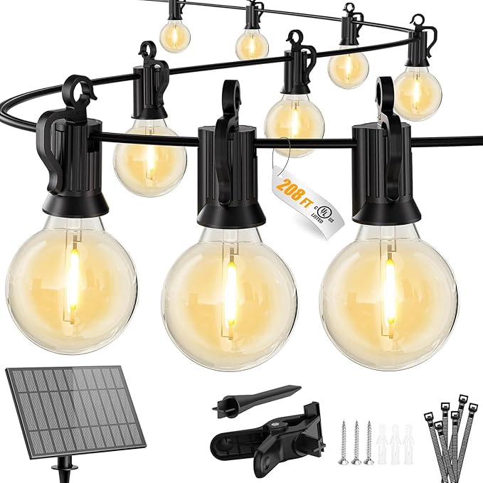 Brightown 208FT 102LED Solar String Lights Outdoor with USB Port, Shatterproof Bulbs, 3 Lighting Modes, Patio Lights Solar Powered for Camping Backyard Garden Decor - Last for 20+Hrs