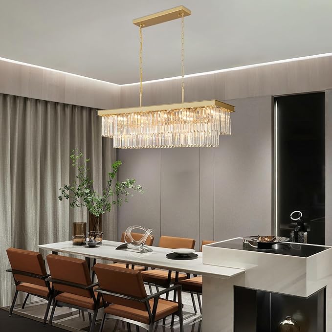 Weesalife Crystal Chandeliers for Dining Room Light Fixtures Over Table，15-Lights Gold Modern Rectangle Chandeliers for Kitchen Island Bar