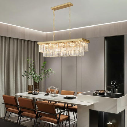 Weesalife Crystal Chandeliers for Dining Room Light Fixtures Over Table，15-Lights Gold Modern Rectangle Chandeliers for Kitchen Island Bar