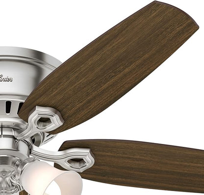 Hunter 52 inch Indoor Ceiling Fan with LED Lights - Ceiling Fan with Pull Chain, For Bedroom, Living Room, or Kitchen, Low Profile Flush Mount, No Remote, 5 Blades - Builder 53328, Brushed Nickel