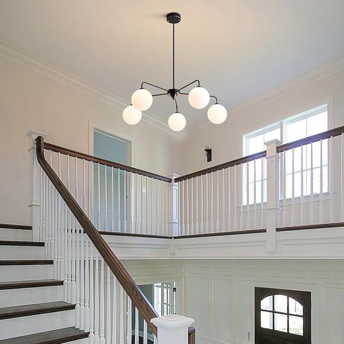5 Light Mid Century Sputnik Chandelier with White Frosted Globe Glass Shade Pendant Lighting Fixture Living Room Large Pendant Lamp for Bedroom Kitchen Island