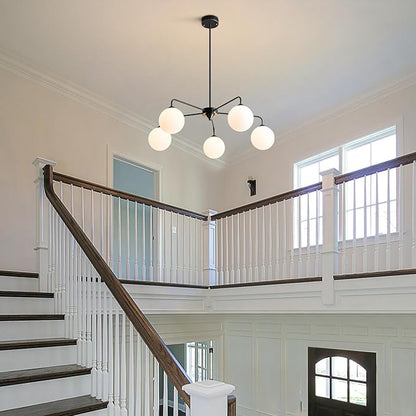5 Light Mid Century Sputnik Chandelier with White Frosted Globe Glass Shade Pendant Lighting Fixture Living Room Large Pendant Lamp for Bedroom Kitchen Island