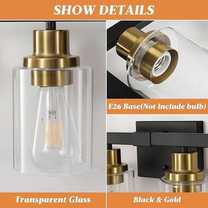 Bathroom Vanity Light, 4-Light Black and Gold Bathroom Light Fixtures with Clear Glass Shade, Bathroom Lighting Fixtures Over Mirror,Bath Black Wall Lights for Mirror Bedroom,Living Room