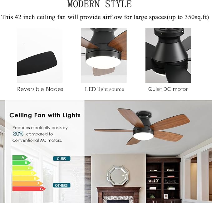 JSAITEE Ceiling Fans with Lights, 42 Inch Low Profile Ceiling Fan with Light and Remote/App Control, Flush Mount, Reversible, 3CCT, Dimmable, Noiseless, Brown Ceiling Fan for Indoor/Outdoor Use
