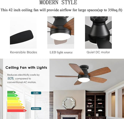 JSAITEE Ceiling Fans with Lights, 42 Inch Low Profile Ceiling Fan with Light and Remote/App Control, Flush Mount, Reversible, 3CCT, Dimmable, Noiseless, Brown Ceiling Fan for Indoor/Outdoor Use