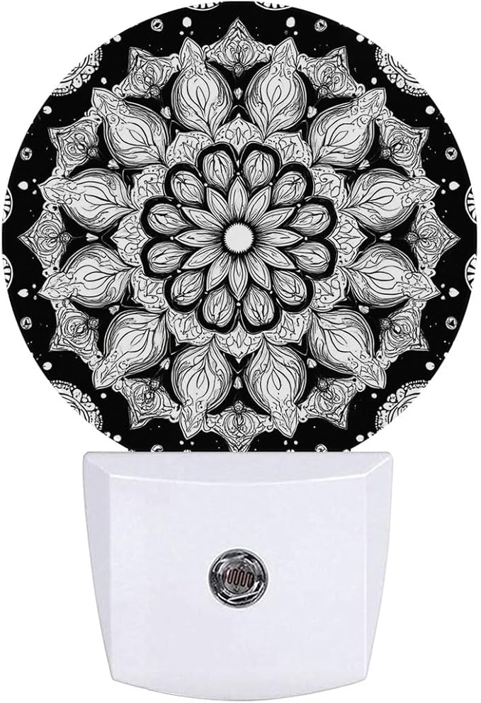Black White Mandala Night Light Plug-in Sleep Lamp Led Dusk to Dawn Night Light for Bedroom