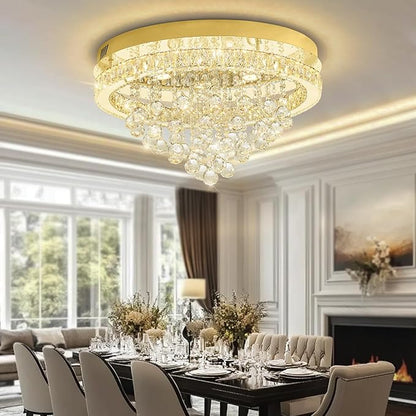 Dia 24" Modern Crystal Chandeliers for Dining Room,Gold Raindrop Chandelier Flush Mount Chandeliers for Living Room Bedrooms Dining Room Dimmable 2700k 4500k 6000k