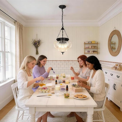 3-Light Matte Black Pendant Lights with 12In Floral Glass, Penant Lighting Fixture with Adjustable Chain, Vintage Pendant Lights Kitchen Island, Hanging Light Fixtures for Dining Room Entryway, E26*3