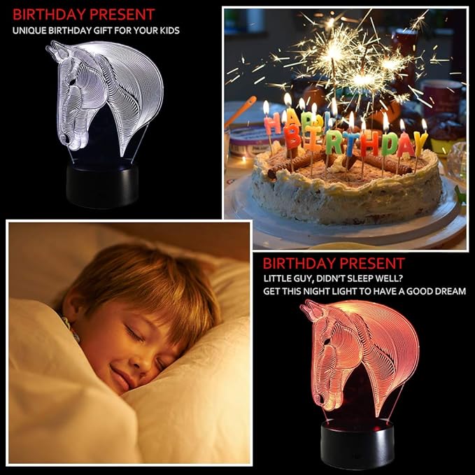 Ticent 3D Lamp Illusion Animal Horse LED Desk Table Night Light, 7 Color Touch Lamp for Kiddie Kids Children Holiday Gift Home Office Childrenroom Theme Decoration