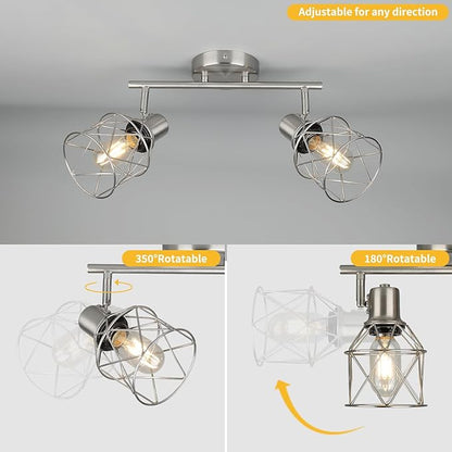 WILON Industrial Track Lighting Kit, 2 Light Modern Track Lighting Fixtures Brushed Nickel Flush Mount Ceiling Light Rotatable Light Head E26 Base Ceiling Spotlight for Kitchen Dining Room Hallway