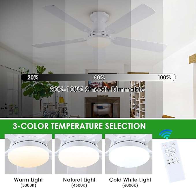 Mpayel 52 Inch Ceiling Fans with Lights and Remote, White Ceiling Fan with Light Flush Mount, Low Noise, Reversible, Dimmable, Modern Low Profile Ceiling Fan with Light for Bedroom Indoor Outdoor