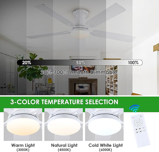 Mpayel 52 Inch Ceiling Fans with Lights and Remote, White Ceiling Fan with Light Flush Mount, Low Noise, Reversible, Dimmable, Modern Low Profile Ceiling Fan with Light for Bedroom Indoor Outdoor