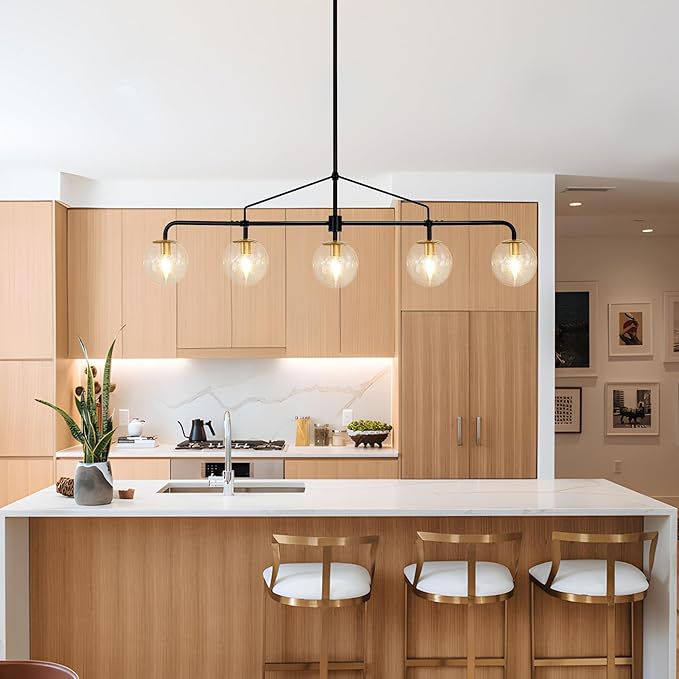 Linear Chandelier for Dining Room 39 Inch Kitchen Island Chandelier Black and Gold Modern 5 Lights Seeded Glass Globe Linear Pendant Light for Farmhouse, Living Room