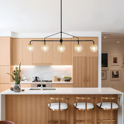 Linear Chandelier for Dining Room 39 Inch Kitchen Island Chandelier Black and Gold Modern 5 Lights Seeded Glass Globe Linear Pendant Light for Farmhouse, Living Room
