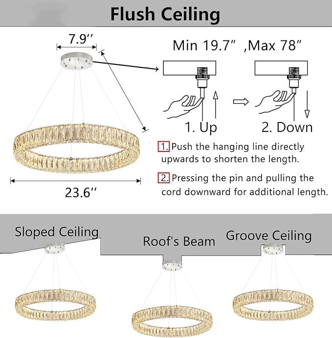 HAIXIANG Modern Crystal Chandelier Dimmable LED Ring Pendant Lights Adjustable Glam Chandeliers Lighting Fixtures for Dining Room Living Room Bedroom Silver Light