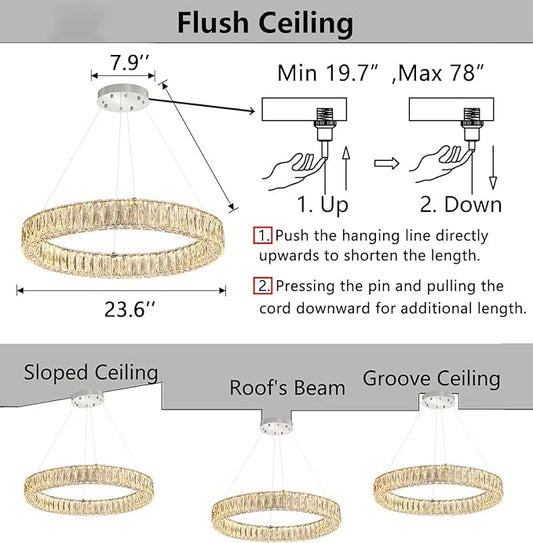 HAIXIANG Modern Crystal Chandelier Dimmable LED Ring Pendant Lights Adjustable Glam Chandeliers Lighting Fixtures for Dining Room Living Room Bedroom Silver Light
