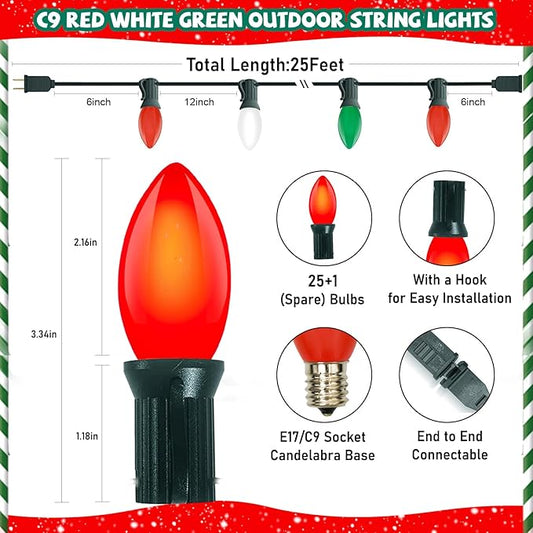 C9 Red White and Green Christmas Lights Outdoor, 25Ft Vintage Christmas String Lights with 26 Multicolor Ceramic Bulbs, Hanging Christmas Decorations Lights Waterproof for Holidays Roofline Party