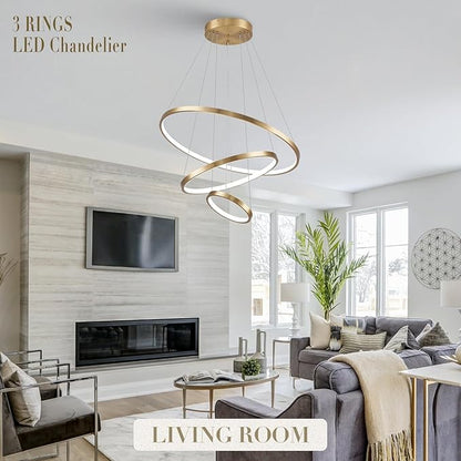 3 Rings LED Chandeliers Modern Gold Chandelier Dimmable Flush Mount Pendant Light Fixture Remote Control Contemporary Pendant Chandelier for Dining Room Bedroom Foyer, 3000-6500K