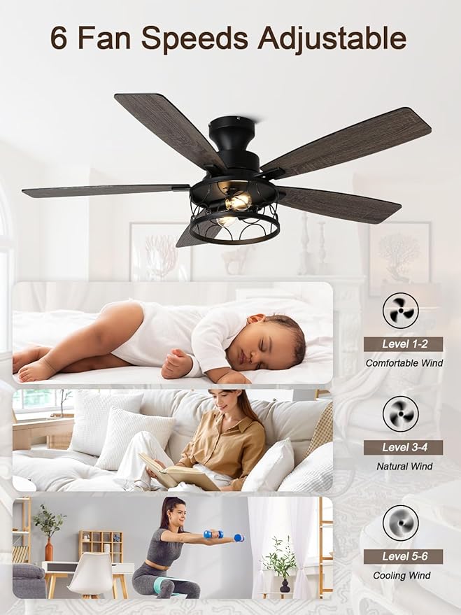 52 Inch Farmhouse Ceiling Fan with Lights Remote Modern Caged Chandelier Fan Rustic Fandelier, 5 Dual Blades, Reversible Quiet DC Motor 6 Speeds for Bedroom Patio (Metal Caged)