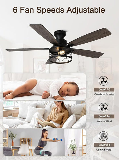 52 Inch Farmhouse Ceiling Fan with Lights Remote Modern Caged Chandelier Fan Rustic Fandelier, 5 Dual Blades, Reversible Quiet DC Motor 6 Speeds for Bedroom Patio (Metal Caged)