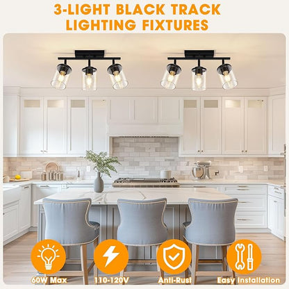 FadimiKoo 3-Lights Semi Flush Mount Ceiling Light, Adjustable Kitchen Light Fixtures Ceiling Mount with Clear Glass Shades, Rotatable Black Track Lighting Fixtures for Hallway, Foyer, Bedroom
