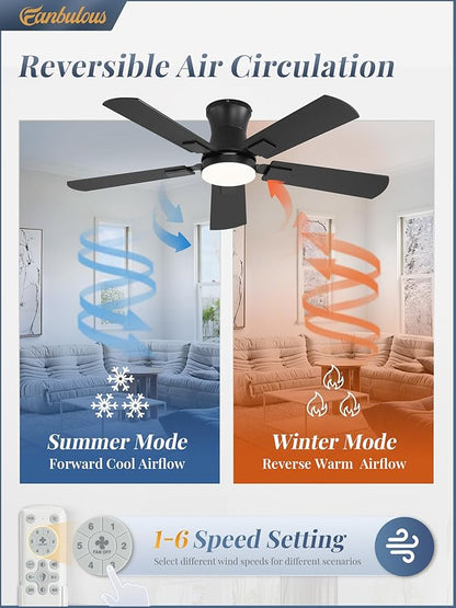 Fanbulous 42 inch ceiling fan with light, Low Profile Ceiling Fan with Light, App&Remote Control, Dimmable LED Light, Flush Mount Ceiling Fan for Indoor Bedroom Living Room, Qiuet DC Motor