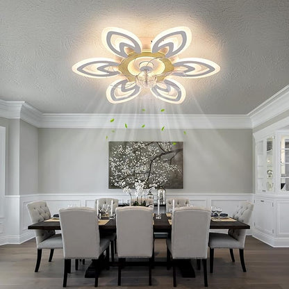 Snowflake Modern Ceiling Fan with Light and Remote, Low Profile Ceiling Fans with remote, 26 Inch Flush Mount Ceiling Fan with 3 Light Color 6 Speeds, Fandelier Ceiling Fan for Kitchen Bedroom-White