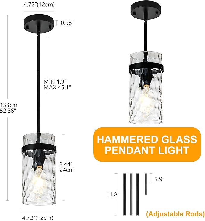 2 Pack Black Pendant Lights Kitchen Island, Hammered Glass Pendant Lighting Over Island, Kitchen Hanging Light Fixtures Pendant Light Over Sink for Kitchen Entryway Foyer Dining Room