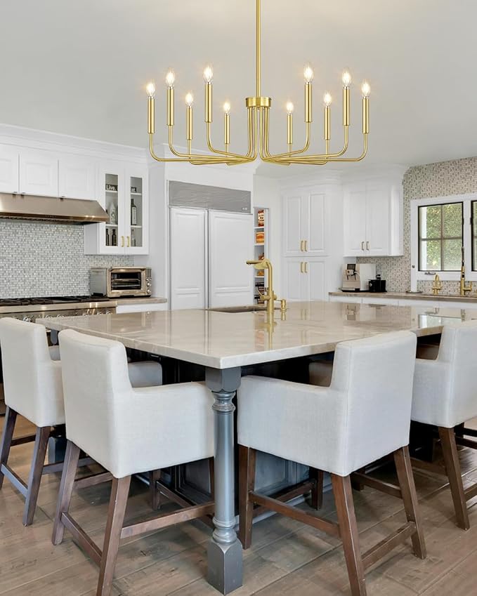 Yunnix 10 Light Gold Chandelier, 33" Extra Large Modern Gold Farmhouse Hanging Fixture - Vintage Brushed Gold Dining Room Light for Kitchen Island, Living Room, Hall, Foyer