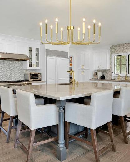 Yunnix 10 Light Gold Chandelier, 33" Extra Large Modern Gold Farmhouse Hanging Fixture - Vintage Brushed Gold Dining Room Light for Kitchen Island, Living Room, Hall, Foyer