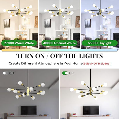Sputnik Chandelier 10-Light, Mid Century Modern Height Adjustable Ceiling Light Fixture for Dining Room, Kitchen Island, Living Room,Bedroom-Black and Gold