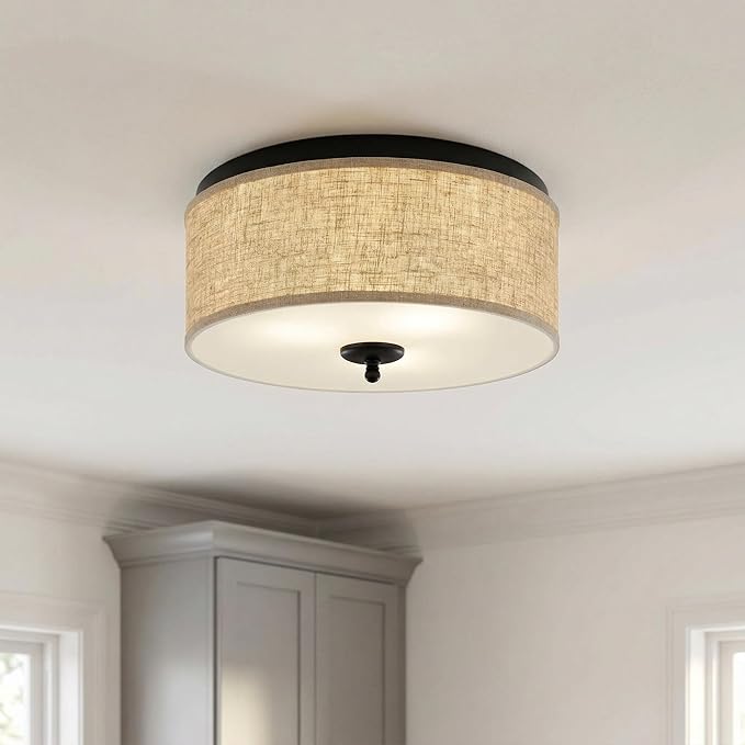 Quoizel Blanche 16" Flush Mount Ceiling Light with Premium Fabric Shade, Matte Black, ETL Damp Rated for Kitchen or Bath
