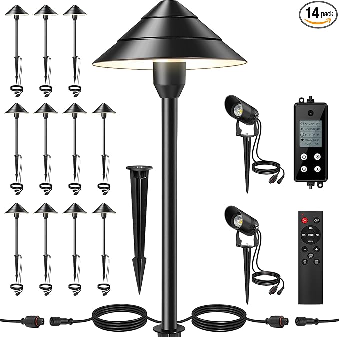14-Light Low Voltage Landscape Lighting System, 12 Path Lights Kit+2 Spotlights, Aluminum, Plug-and-Play, IP65 Waterproof, Remote, Timer, 3000K Warm White, 140FT,72W 24V ETL Controller