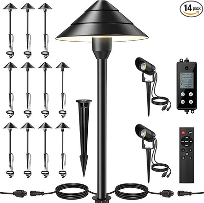14-Light Low Voltage Landscape Lighting System, 12 Path Lights Kit+2 Spotlights, Aluminum, Plug-and-Play, IP65 Waterproof, Remote, Timer, 3000K Warm White, 140FT,72W 24V ETL Controller