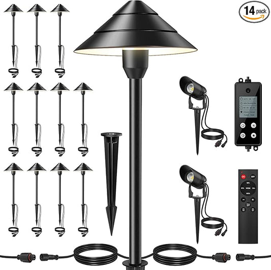 14-Light Low Voltage Landscape Lighting System, 12 Path Lights Kit+2 Spotlights, Aluminum, Plug-and-Play, IP65 Waterproof, Remote, Timer, 3000K Warm White, 140FT,72W 24V ETL Controller