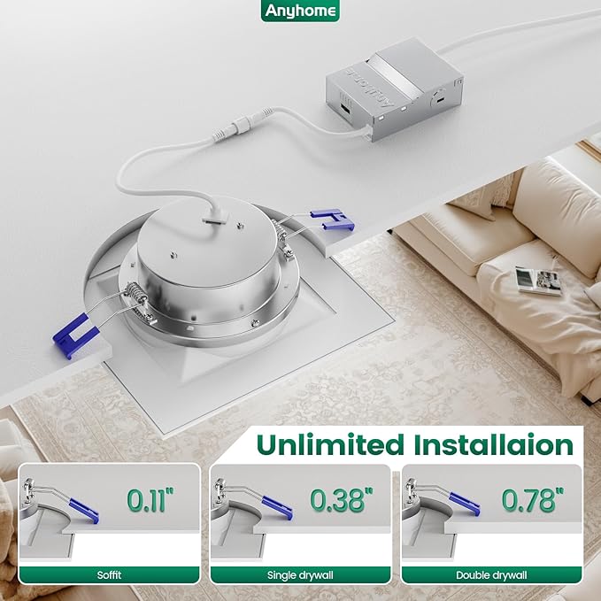 6 Pack 6 Inch Square Ultra-Thin Led Recessed Lighting,Recessed Led Downlight with Junction Box,5CCT 2700K-5000K Dimmable,with Baffle Anti-Glare,11W 900LM,ETL & ES