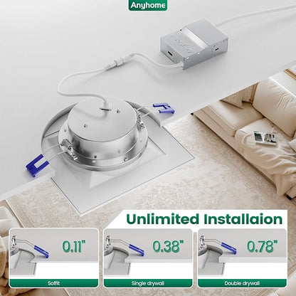 6 Pack 6 Inch Square Ultra-Thin Led Recessed Lighting,Recessed Led Downlight with Junction Box,5CCT 2700K-5000K Dimmable,with Baffle Anti-Glare,11W 900LM,ETL & ES