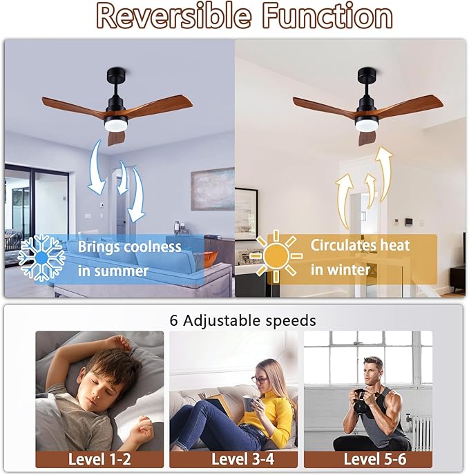 42" Ceiling Fans [with Lighting Remote Control], Indoor Outdoor Modern Wooden Ceiling Fan [with 3 Solid Wood Blades] for Kids' Rooms, bedrooms, Offices and More.…