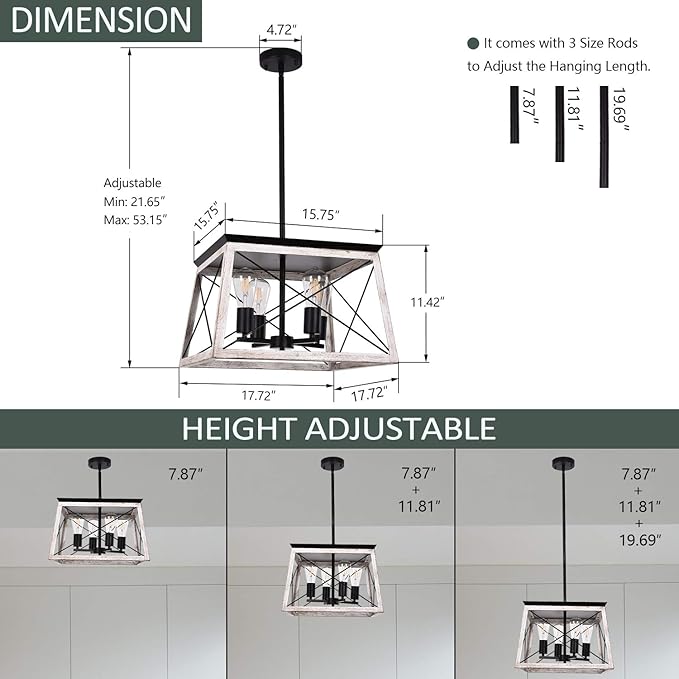 Luupyia 17.72Inches Farmhouse Pendant Light, Height Adjustable, White Rectangular Rustic Chandeliers Farmhouse Light Fixture Vintage Island Lighting for Dining Room Entryway Living Room 4-Lights E26