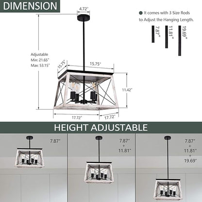Luupyia 17.72Inches Farmhouse Pendant Light, Height Adjustable, White Rectangular Rustic Chandeliers Farmhouse Light Fixture Vintage Island Lighting for Dining Room Entryway Living Room 4-Lights E26