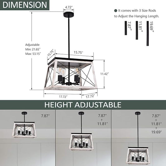 Luupyia 17.72Inches Farmhouse Pendant Light, Height Adjustable, White Rectangular Rustic Chandeliers Farmhouse Light Fixture Vintage Island Lighting for Dining Room Entryway Living Room 4-Lights E26