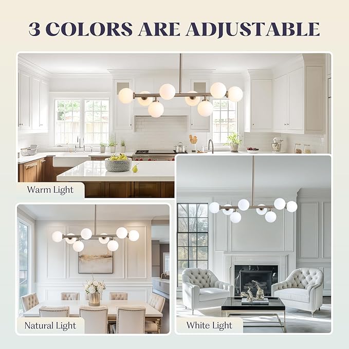 Modern Linear Chandelier, Mid Century Gold Sputnik Pendant Light with White Glass Lampshade,8 Lights Globe Rectangle Chandelier,for Dining Room Kitchen L31.4 in x W10.6 in