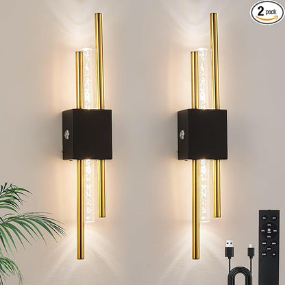 Battery Operated Wall Sconces Set of Two, Rechargeble Modern Crystal Bathroom Wall Sconces, 3000K-6000K Dimmable Gold LED Wireless Wall Lights for Vanity Bedroom Living Room Hallway（black gold）
