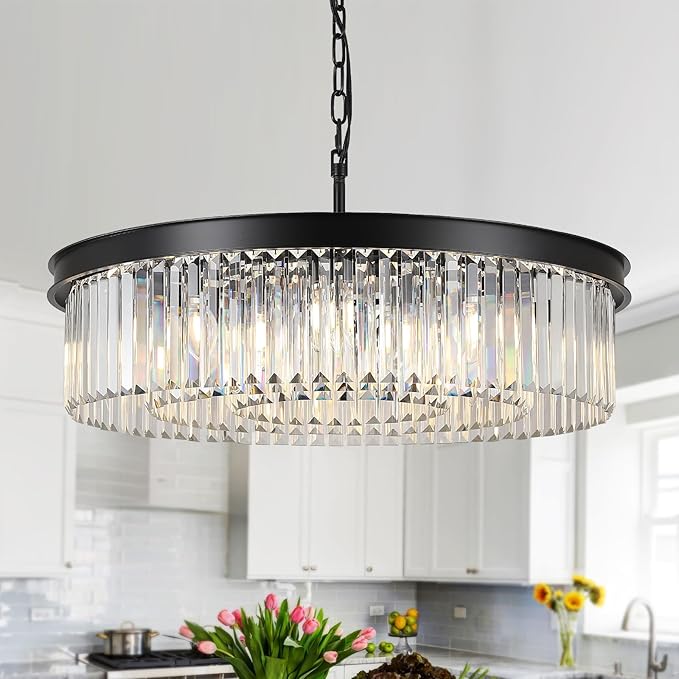 A AXILIXI 30'' Modern Crystals Chandelier 12-Light Large Black Crystal Chandeliers for Entryway 3-Tier K9 Crystal Ceiling Pendant Light Fixture for Living Room Dining Room Foyer Kitchen Bedroom